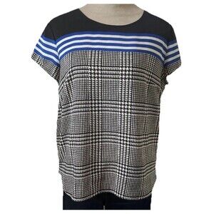 Jones NY Women's Short Sleeve Blouse Black Houndstooth Back Zipper Size 10